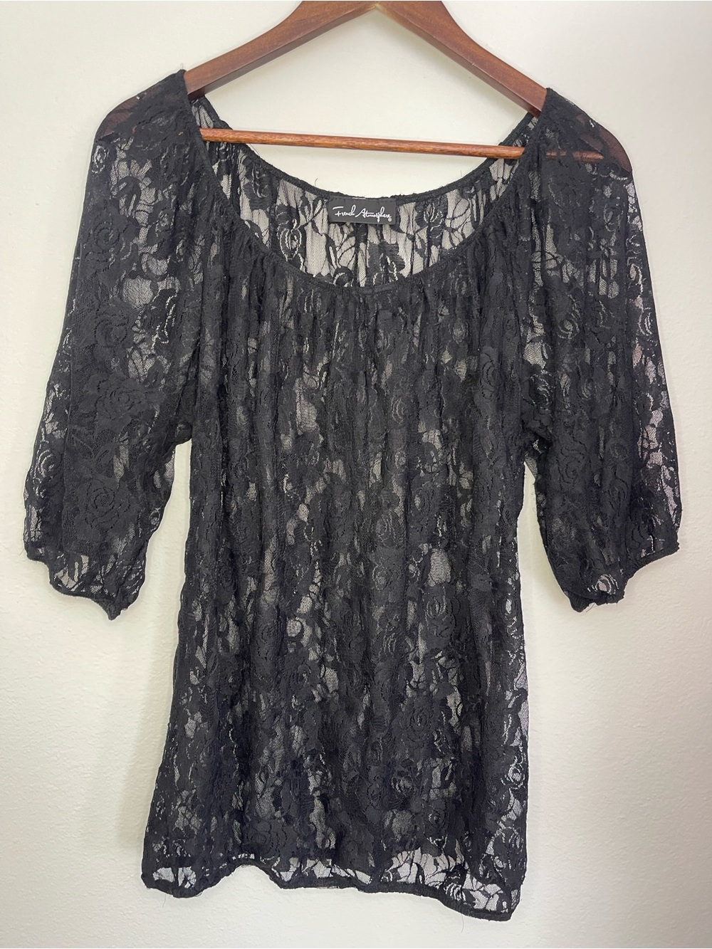 French Atmosphere Lace Top L Black Elastic Waist Sheer Puff Sleeve Peasant Sexy - Picture 12 of 13